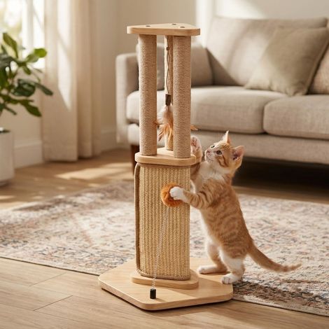 Griffoir pour chat en Sisal - Base stable 35 x 35 x 67 cm - Jouet suspendu et Pompons pour divertissement (1/5)