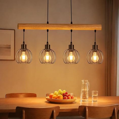 GBLY Lámpara Colgante Vintage Madera 4 Luces Lámpara Suspensión Mesa Comedor Estilo Industrial Negro Retro Lámpara Colgante Mesa Altura Ajustable para Comedor Cocina Salón Bar Sin Bombilla (1/5)