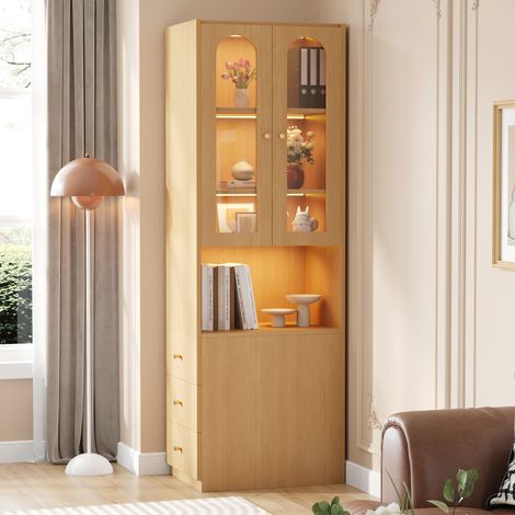 Meuble étroit 60×40×200 cm aspect bois vitrine verre trempé LED,montage réversible gauche droite étagère.