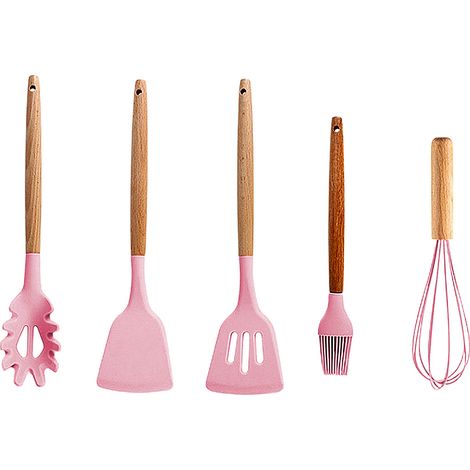 Ensemble Ustensiles Cuisine Silicone Bois - 5 Pieces Anti Brulure Poignee Ergonomique Pour Casseroles (1/5)