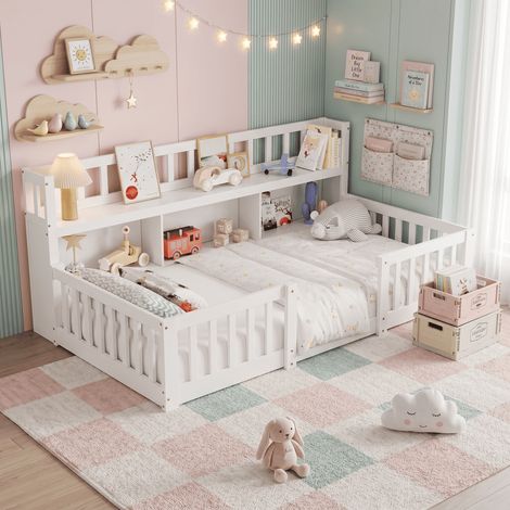 Lit au sol 90 x 200 cm, Lit simple enfant avec barrière de sécurité, lit Montessori en Bois Massif , naturel pour garçons et filles, Blanc (1/5)