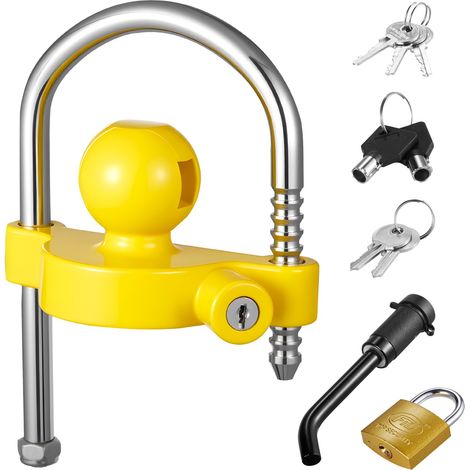 Antivol d'Attelage de Remorque Compatible Coupleurs 46 mm 50,8 mm 58,7 mm Verrou Robuste à Boule avec Clés, Résistant à Effraction, Hauteur Réglable, pour Caravane, Camping-cars, Bateaux, Jaune (1/5)