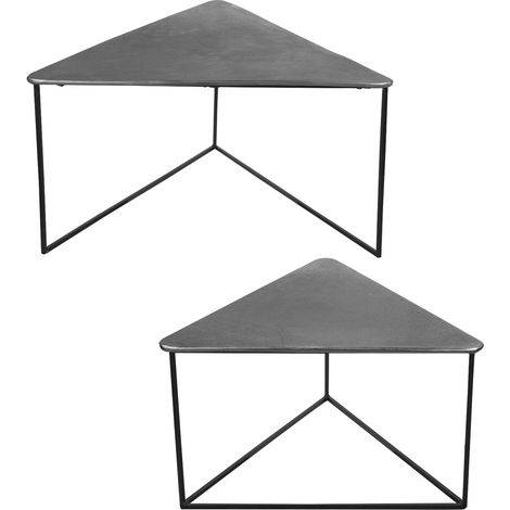 Table Passion - Set de 2 tables basses triangle en métal argenté, longueurs des plateaux de 80