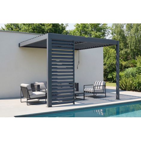 Pergola bioclimatique adossée 3x3m PIANA aluminium gris avec 1 persienne brise-vue