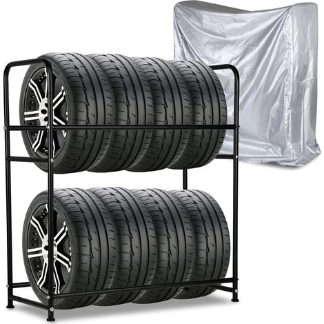 Étagère à pneus pour 8 pneus, 107 x 46 x 117 cm, arbre de jante pour pneus de voiture, capacité de charge 180 kg, étagère de jante avec housse de protection pour pneus, réglage de la hauteur (1/5)