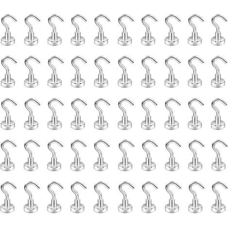 50 Pieces Magnetic Hooks, Powerful Neodymium Magnet, Magnetic Hook for Fridge, Kitchen, Garage, Storage, Tools, Silver, 16mm - 16mm - 50PCS (1/5)