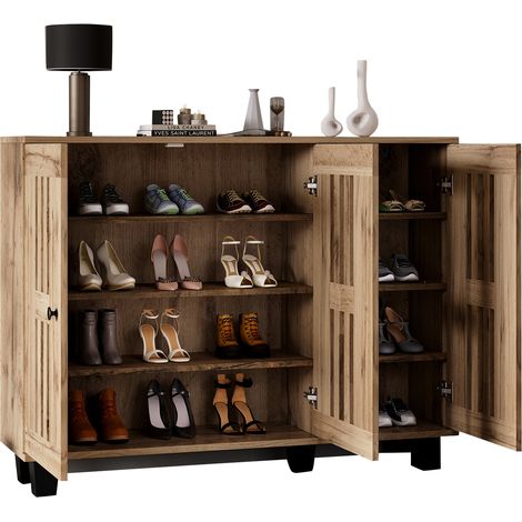 Buffet et Enfilade avec 3 Portes ajourées, 8 Niches, Style Naturel, en Panneaux de Particules, 120×32×92 cm, Bois (1/5)