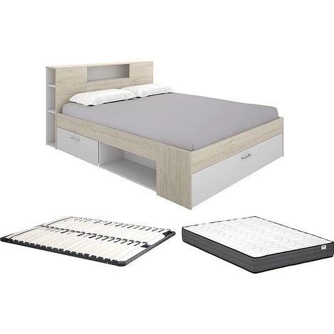Lit avec tête de lit rangements et tiroir - 180 x 200 cm - Coloris : Naturel et blanc + Sommier + Matelas - LEANDRE (1/5)