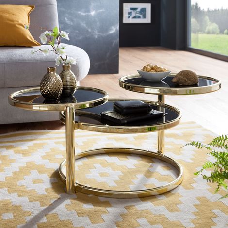 Table basse 3 plateaux 58x139x43 cm en verre noir et doré (1/5)