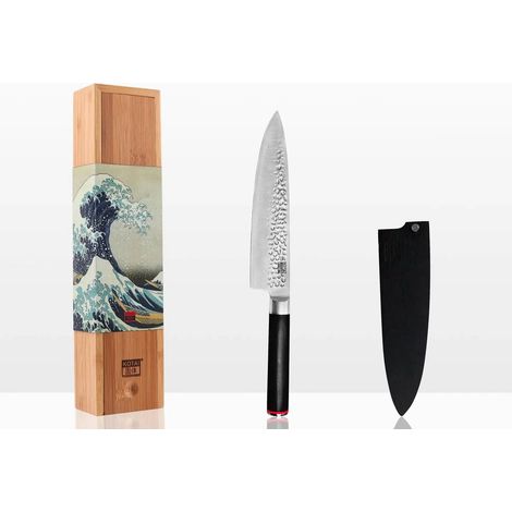 Couteau de Chef Japonais Lame 20 cm Acier Inoxydable 440C avec Étui et Boîte en Bambou - PANGIVO (1/5)