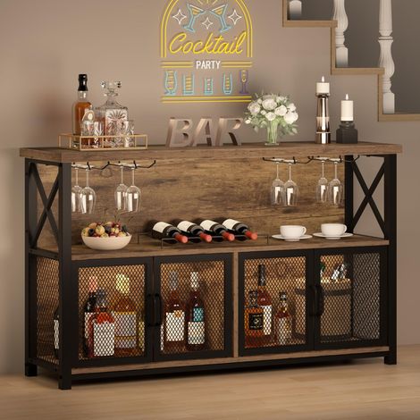 Armoire de bar à café industrielle, armoire de bar à vin de ferme pour liqueur et verres, buffet en bois et casier à vin avec rangement pour la maison, la salle à manger, la cuisine, marron (1/5)