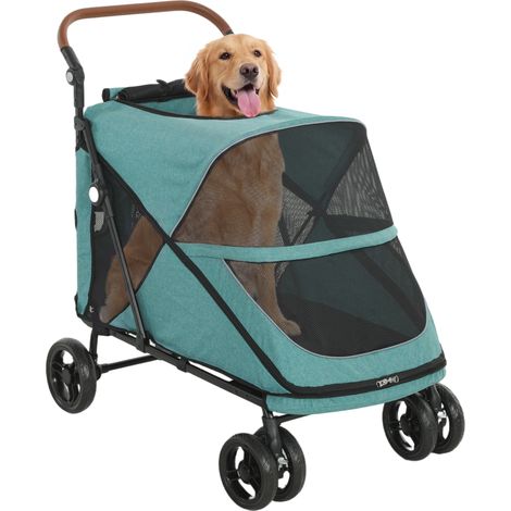 Carrito para Perros Plegable con un Botón hasta 30 kg con Suspensión en 4 Ruedas Giratorio y Freno de Pie Turquesa (1/5)