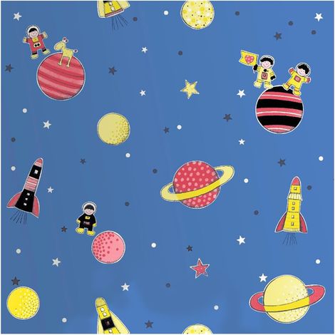 Astronaut Space Wallpaper Blue Red Yellow Planets Stars Rockets 10m Roll (1/4)