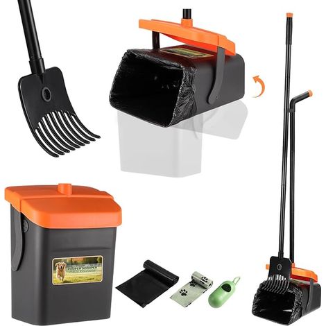 Pelle Ramasse Crottes pour Chiens, à Déjections Canines et Râteau, a Crotte Portable Kit de avec Sacs Déchets 117cm Poignée Longue Réglable (Orange) (1/3)