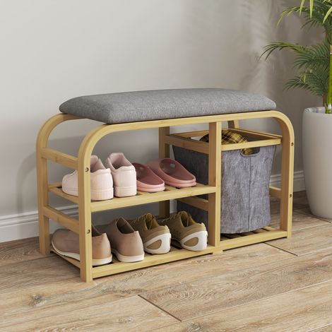 Banc à chaussures avec coussin d'assise, 2 étagères à lattes et panier en tissu coulissant, 70x30x45cm, bois naturel (1/5)