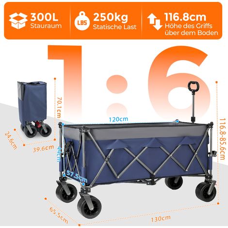 Carrello pieghevole XXL 120x57,5x44 cm con capacità 250 kg, ruote fuoristrada, freni e tessuto Oxford 600D blu grigio (1/5)