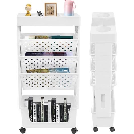 Étagère de rangement, Petite bibliothèque à roulettes, Chariot pliable avec 5 niveaux et roues pivotantes à 360°, Pour salon, cuisine, bibliothèque, chambre à coucher, bureau, Blanc (1/5)