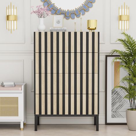 UEV Cassettiera a 4 Cassetti con Strisce a Legno, Comò Camera da Letto in Legno, Settimino Salvaspazio per Soggiorno, Cassettiere Stabili con 4 Gambe in Metallo, 60x34,5x92cm, Naturale e Nero
