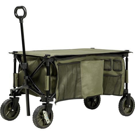 Strandwagen, klappbarer Transportwagen 4 Räder abnehmbare Plane höhenverstellbarer Griff neigbarer Tablett klappbar und 5 Aufbewahrungstaschen 108 x 55 x 93 cm grün
