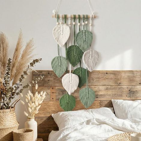 Arazzo da parete in macramè con foglie verdi e ghiande fatte a mano, decorazione murale bohémien per soggiorno, camera da letto, ufficio, appartamento, arte murale estetica (1/4)