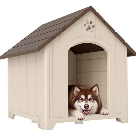 PawHut caseta para perros exterior, casa para perros grandes de plástico impermeable 2 ventanas, base elevada, estacas, 102x94x103 cm, beige (1/5)