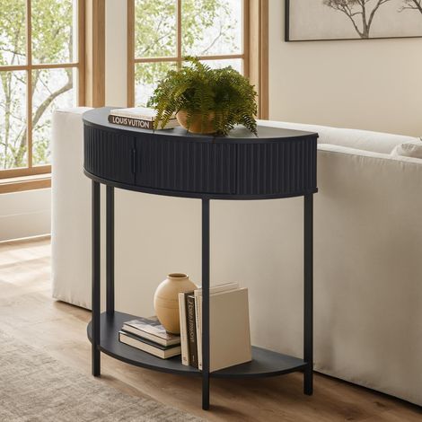 Table console demi-lune avec tiroir de rangement, table d'entrée étroite avec armoire cachée et étagère inférieure, table d'appoint moderne en demi-cercle pour salon, petits espaces (1/5)