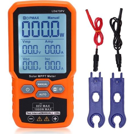 Testeur Panneaux Solaires, Multimètre Photovoltaïque 1000W, Appareil de Mesure MPPT avec Grand Écran LCD,Diagnostic Intelligent de Tension Circuit Ouvert MPPT,Test de Données Modules PV,12-80V (1/5)