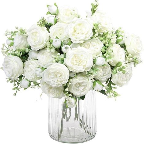2 Bouquets Fleurs artificielles en Soie Pivoine Artificielle Fausse Fleur pour Mariage Parti Accueil Cuisine Décor, Blanc (1/5)