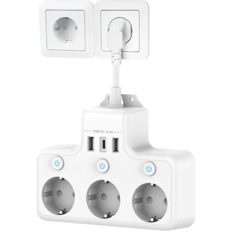 Prise Multiple avec Interrupteur Individuel, Multiprise avec USB C 3 Prises et 3 USB Chargeurs, Multiprise électrique Murale Adaptateur Prise USB Multiple Câble Court 0,1M pour Cuisine,Bureau,blanc