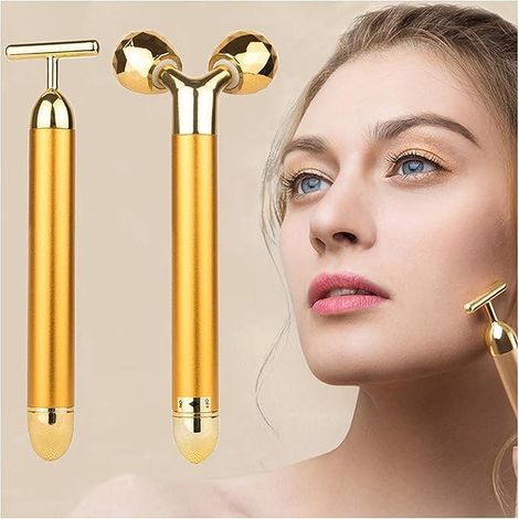 Rouleau masseur facial 2-en-1 doré, appareil électrique 3D liftant anti-rides, avec tête en T pour yeux et nez, soin liftant instantané du visage, pack de 2 accessoires (1/5)