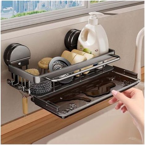 Organisateur Evier Cuisine Ventouse, Support Eponge Evier Cuisine avec Bac de Vidange Amovible, Organiseur d'évier, Porte Eponge Ventouse avec Porte Serviettes et Deux Crochets, Sans Perçage (1/4)