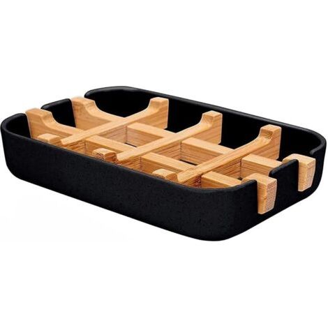 Portasapone in fibra di bambù, portasapone in legno di bambù naturale con vassoio raccogligocce rimovibile, resistente ed ecologico, portasapone in bambù naturale per cucina e bagno, nero