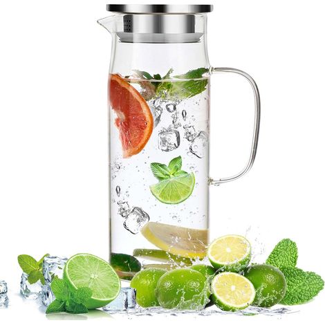 1.5 L Carafe en verre, Carafe Eau avec couvercle et Anse, bouilloire résistante à la chaleur, pour eau chaude/froide, vin, thé glacé et boissons à base de jus