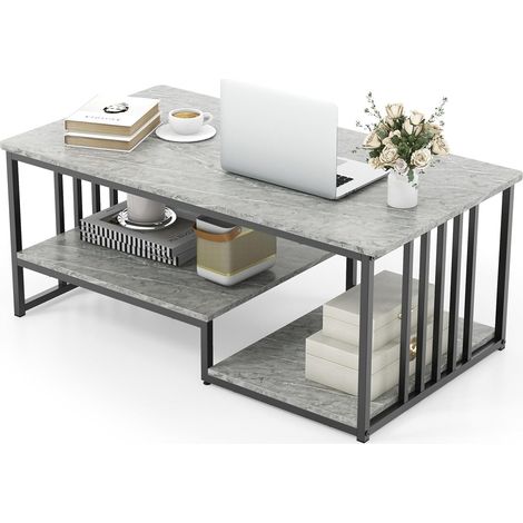 GOPLUS Table Basse à 2 Niveaux Imitation Marbre-110x60x45cm Charge 50KG+20KG-Plateau et Etagère Ouverte-Style Moderne (1/5)
