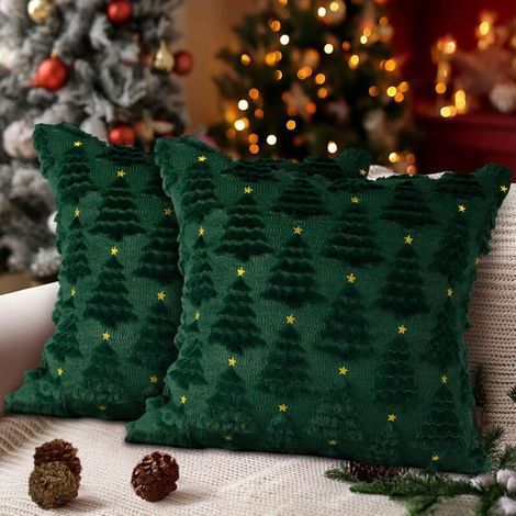 Housse de Coussin Noël 45x45cm Lot de 2, Étoile Arbre de Noël Taies d'oreiller Décoratives Housses de Coussin de canapé en Peluche pour la Décoration de Salon Chambre Chaise Canapé Lit (Vert) (1/5)