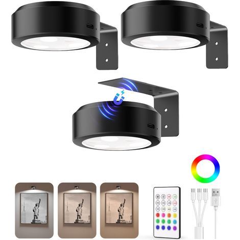 Lampe Murale Sans Fil - Eclairage Pour Tableau - Montage Magnetique Rechargeable USB-C - 3000K-6500K + RGB - Lot De 3 - Noir (1/5)