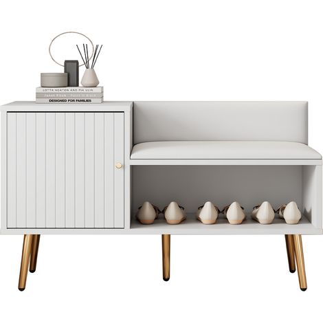 Meuble à chaussures avec assise rembourrée, rangement fermé, poignées et pieds métalliques dorés, blanc, pour entrée moderne et facile à entretenir CHICFURN (1/5)
