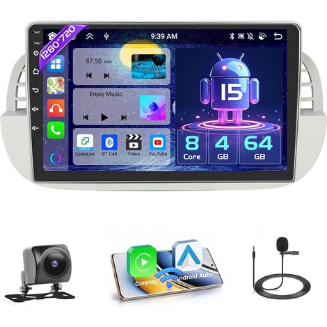 [8 Core 4+64GB] Android 15 Autoradio, Carplay Android Auto sans Fil, pour 500 2007-2015 Radio, Écran Tactile 9’’ Bluetooth Stéréo Mirror Link GPS WiFi SWC USB (1/5)