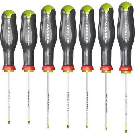 Facom – Jeu de 7 tournevis Torx® Plus 10x75mm à 40x150mm – Traitement tri-coating pour résistance corrosion – Ergonomie optimisée pour couple supplémentaire