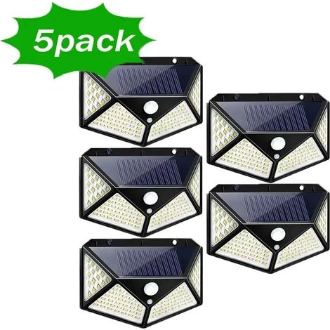 (5 pièces) Lampe murale solaire 100 LED, lampe d'extérieur étanche avec détecteur de mouvement, lampe décorative pour jardin ou balustrade, éclairage solaire. (1/5)