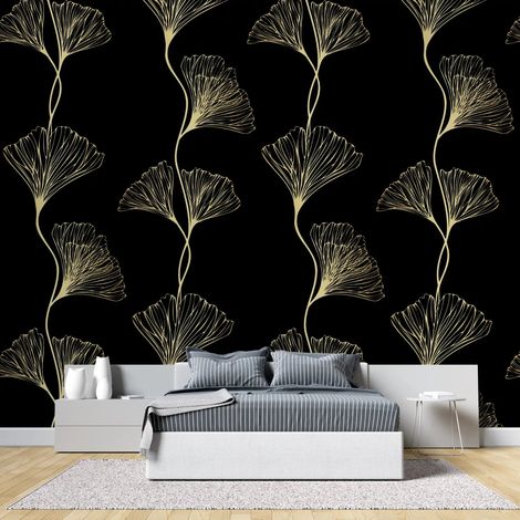 Papier Peint Japonais – Feuilles de Ginkgo Dorées sur Fond Noir - 150 x 250 cm (1/2)