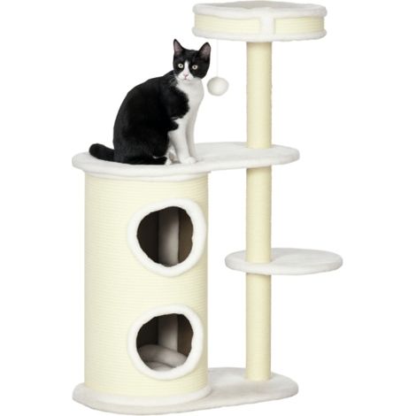 Set tiragraffi per gatti, comprensivo di palo per graffiare, cuccia e giocattoli. Dimensioni: 59 cm x 35 cm x 100 cm, colore bianco sporco. Spedizione dal sito. (1/5)