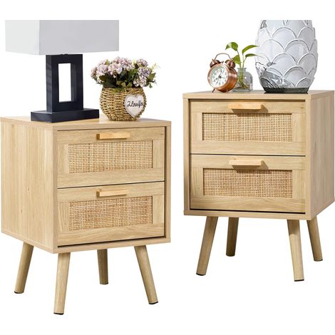 Lot de 2 tables de chevet, tables d'appoint avec 2 tiroirs décorés à la main en rotin, en bois, avec rangement pour chambre à coucher, naturel (1/5)
