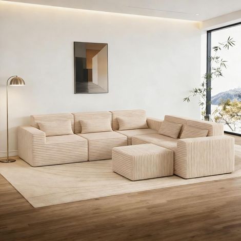 Modular Sofa 258cm Boneless Cloud Couch L Shaped Couch Corner Sofa Memory Foam Corduroy Wide Armrest Deep Seat Pillow Bottom Anti-Slip Living Room Bedroom No Assembly Required Beige 5 Seater&Ottoman