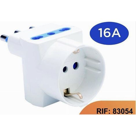 Adaptateur Prise Angulaire - 3 Sorties - 2 Bipasso 10 A/16 A + 1 Schuko 16 A - 1500 W - 230 V - Compact - 1 Pièce (1/4)