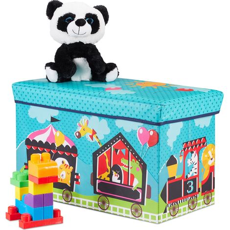 Relaxdays Sitzbox Kinder, faltbare Aufbewahrungsbox mit Stauraum, Deckel, Zirkus Motiv, Jungen & Mädchen, 50 l, türkis