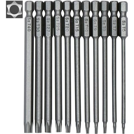 Jeu de 11 embouts Torx 100 mm – Acier S2 – Tige hexagonale 1/4' – Tailles T6 à T40 – Embouts magnétiques pour vissage précis