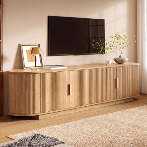 Mobile tv basso 180 cm porta tv da soggiorno con 4 ante a onde mobiletto basso contenitore in mdf e legno per console e decoder stile moderno naturale (1/5)