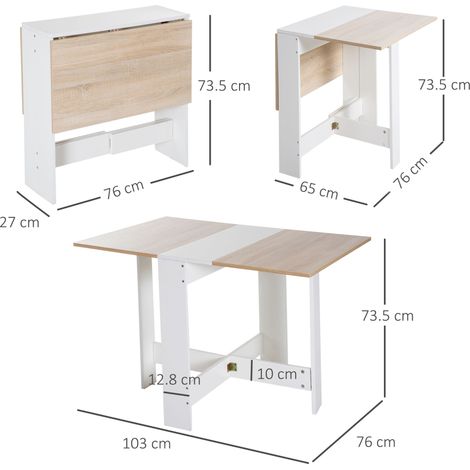 Table de salle à manger extensible et pliante en bois de chêne blanc, dimensions 103 × 76 × 73,5 cm