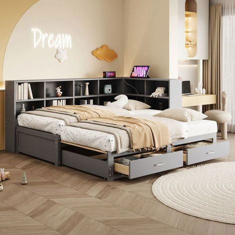 Lit gigogne 90180x190, gain d'espace lit gigogne adulte, rangement intégré, couchage d'appoint, structure bois massif (1/5)